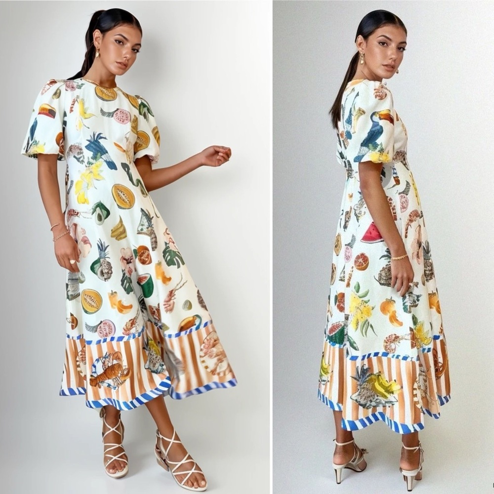 Alemais Theo Midi Dress Tropical Print Linen Cotton Puff Sleeve Size 0 NWT